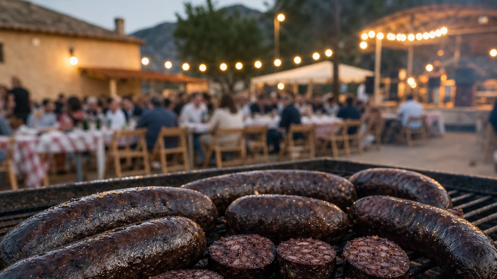 Parrilla con morcillas durante una celebración gastronómica al aire libre en La Algaida, A