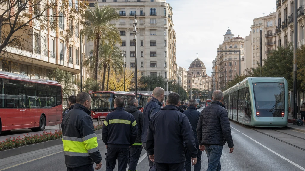 Manifestación de trabajadores del transporte durante la huelga de autobuses y tranvía en M