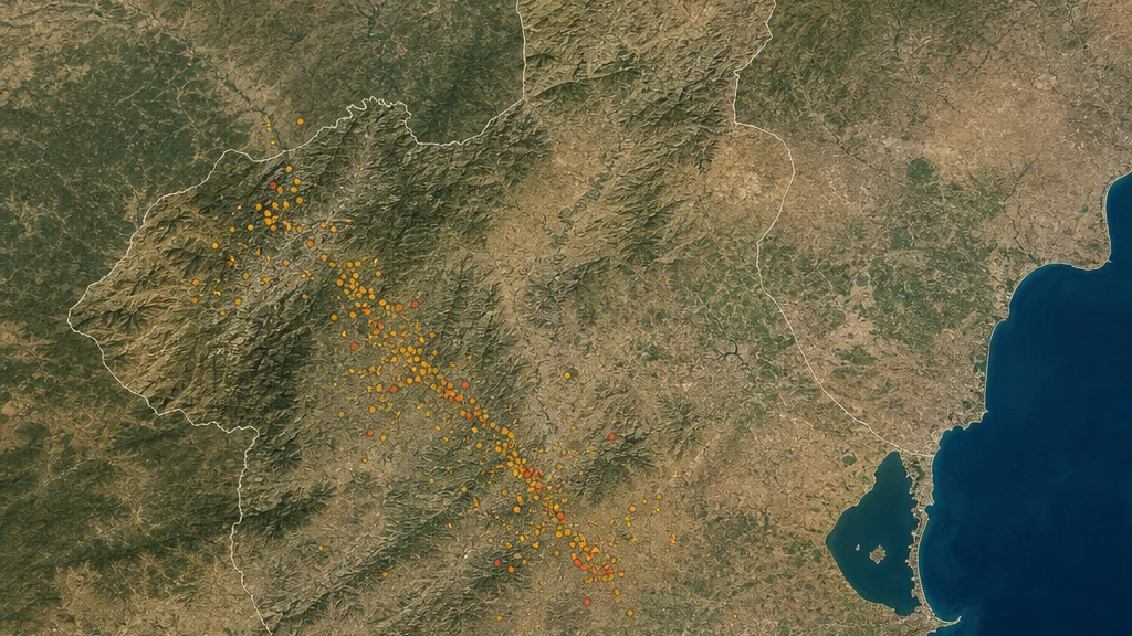 Mapa e información visual sobre la distribución de terremotos registrados en la Región de 