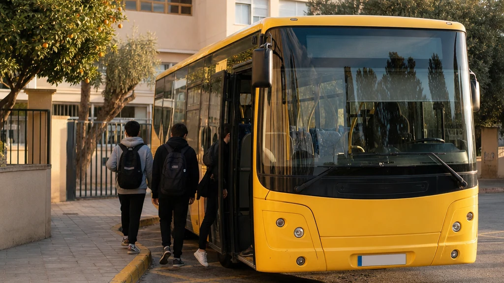 Autobús de transporte escolar junto a un centro educativo público de la Región de Murcia
