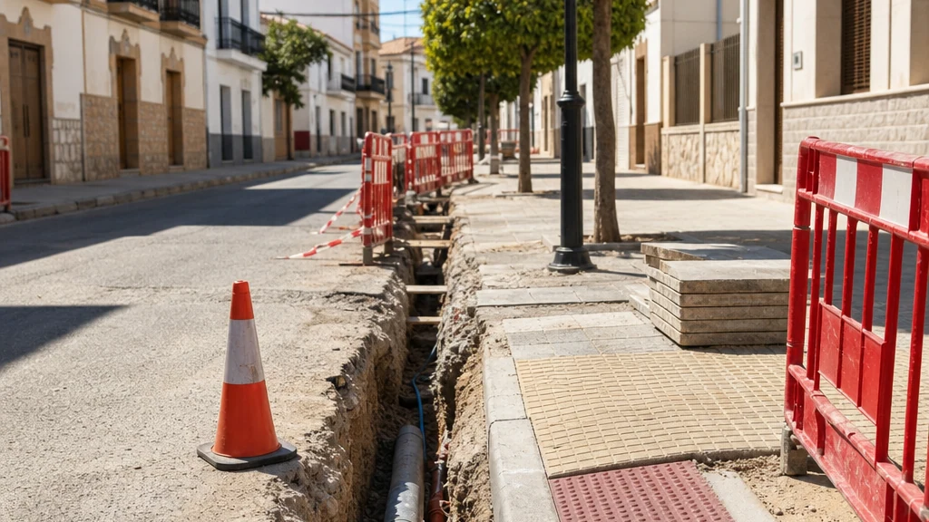 Imagen conceptual de una calle urbana de Abarán preparada para una mejora de pavimento, ac