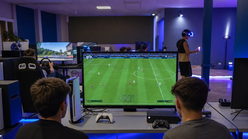 Puestos de juego con consolas y mandos preparados para el torneo FC 26 en Alguazas