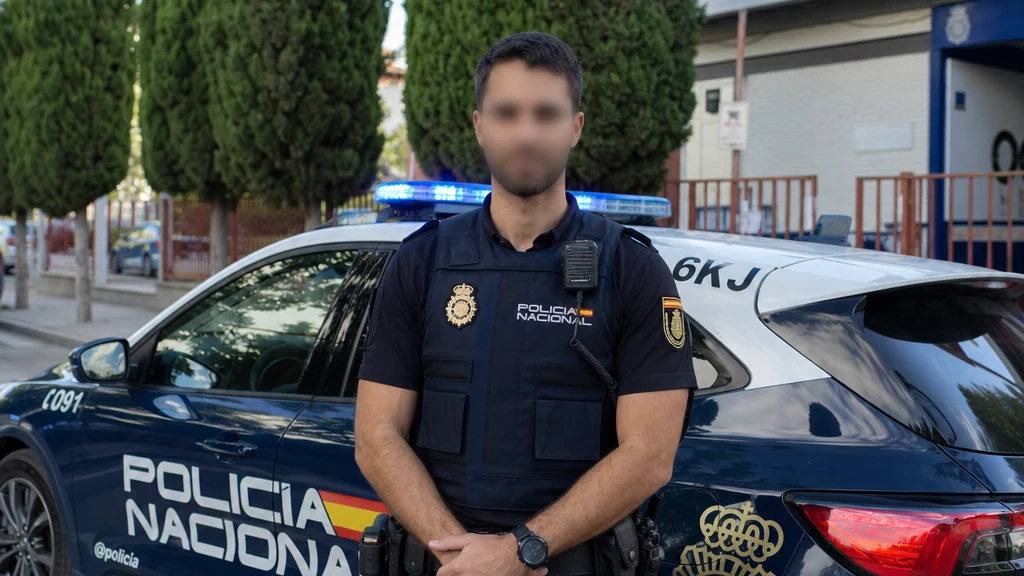 Agente de la Policía Nacional junto a un vehículo policial en Molina de Segura