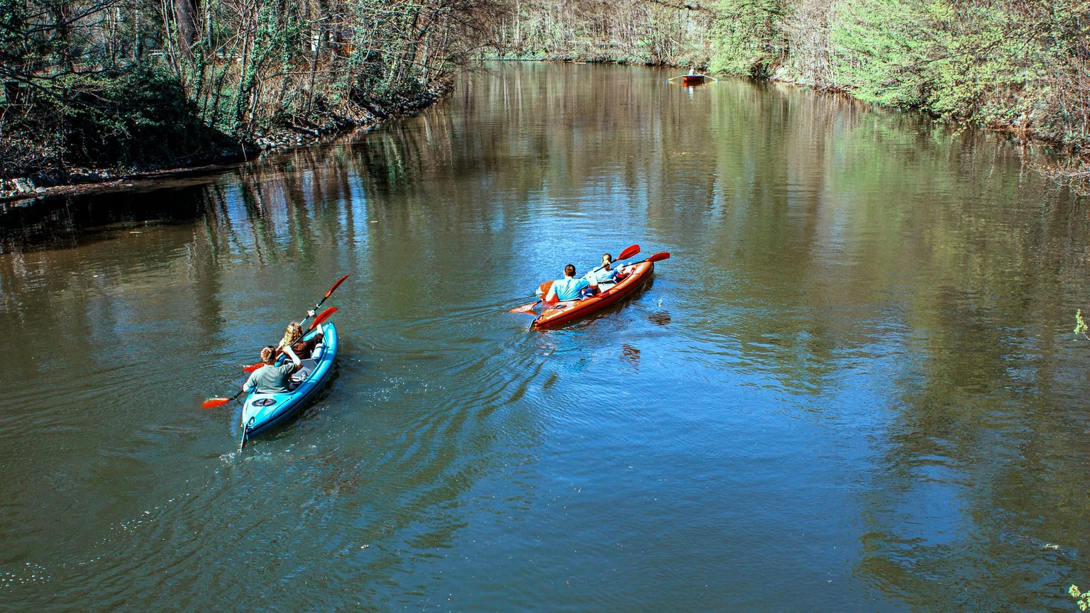 Grupo de personas descendiendo un río en kayak durante una actividad al aire libre.