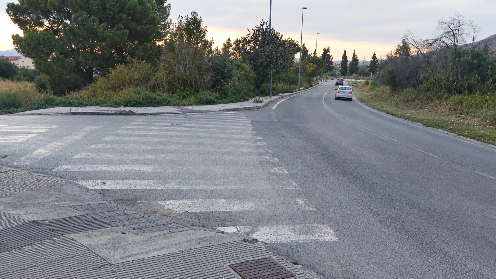 Intersección con paso de peatones y una carretera de dos carriles por la que circula un coche entre vegetación, en Cieza