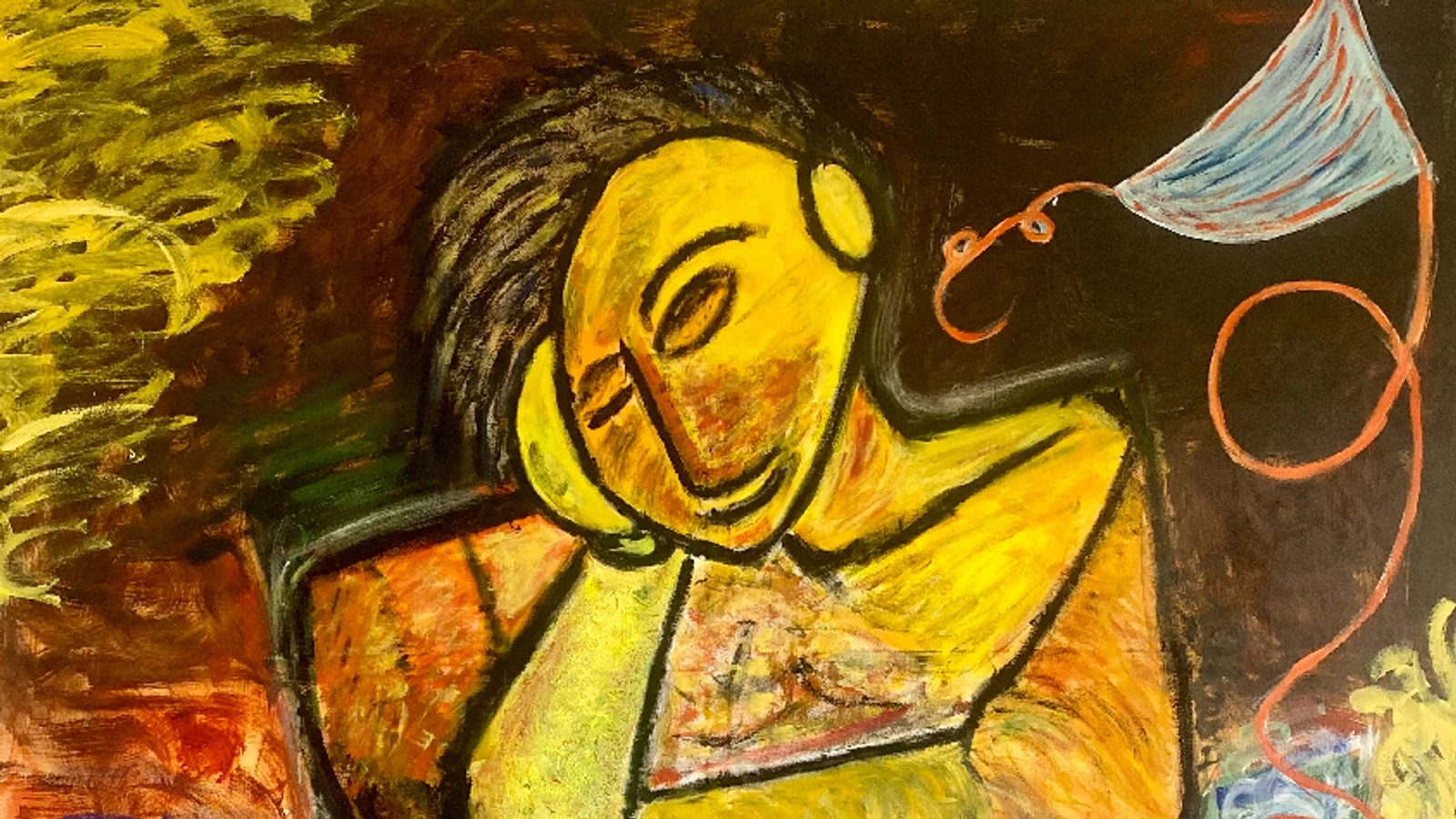 Detalle del cuadro El tiempo vuela de Paquita Rojo, con una figura amarilla apoyada sobre los brazos y una cometa