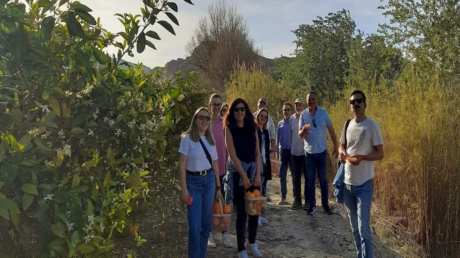 Grupo de visitantes con cestas llenas de naranjas en un camino entre naranjos de una finca del Valle de Ricote.
