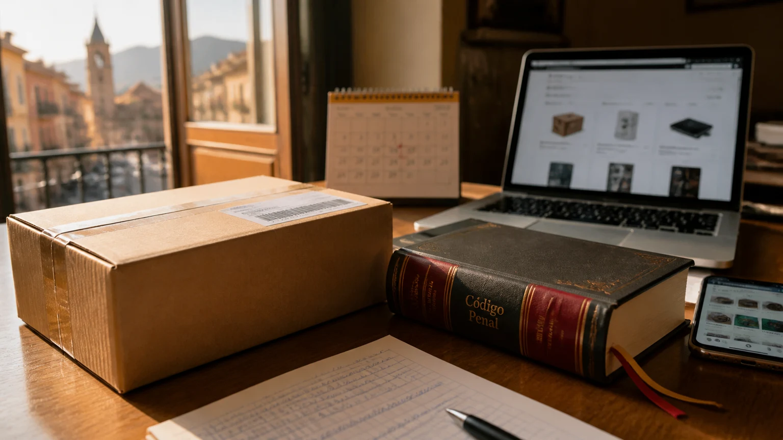Paquete de compra online junto a un libro jurídico en una escena inspirada en el primer pedido de Amazon España con destino Archena