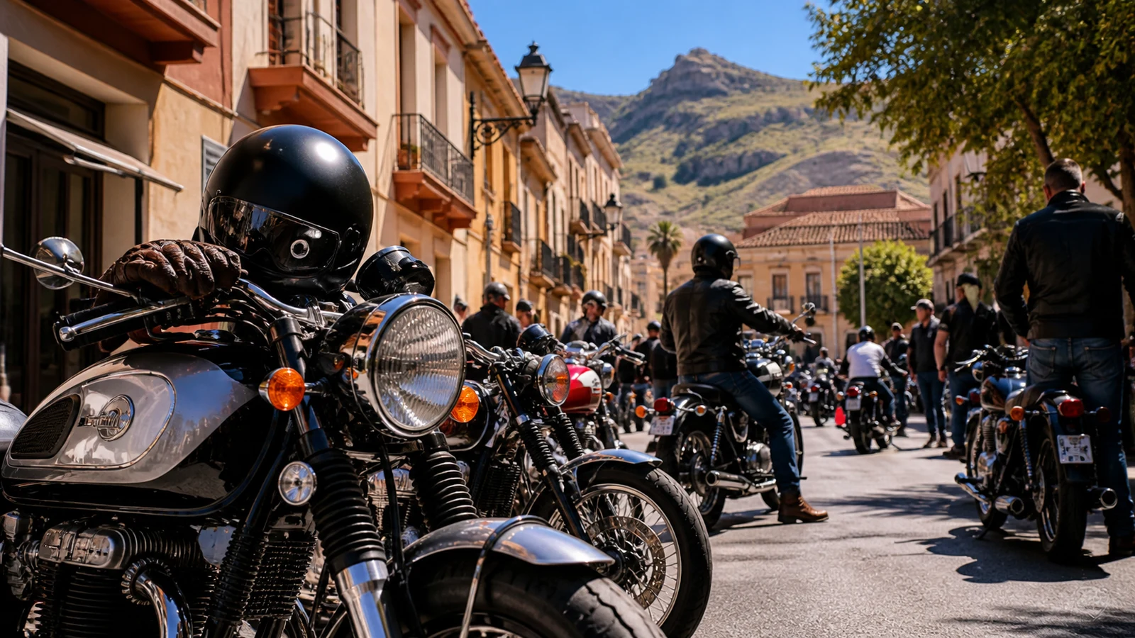 Motos clásicas reunidas en una calle de Archena para una concentración motera de barrio