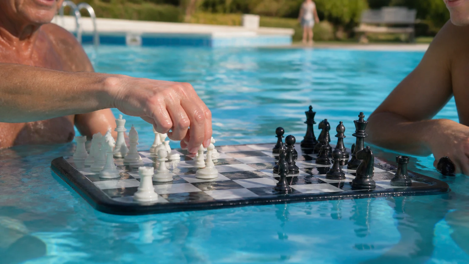 Tablero de ajedrez sobre el agua de una piscina durante un torneo veraniego en Archena