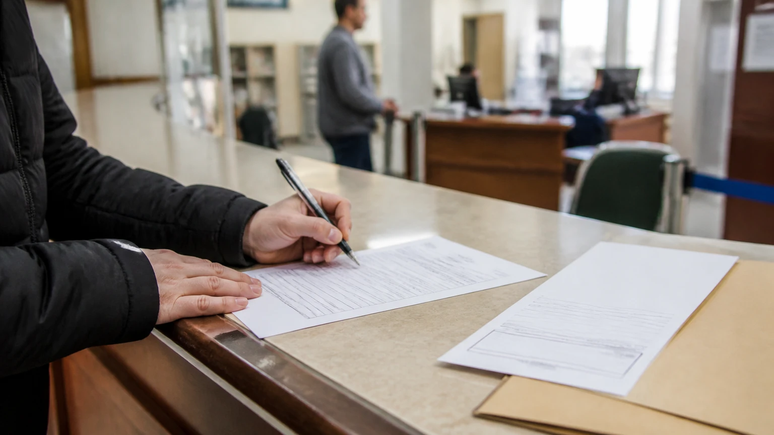 Persona rellenando una solicitud de empleo público en una oficina municipal