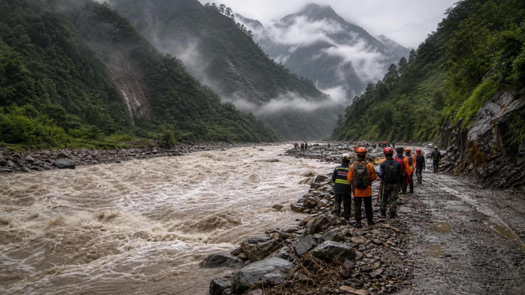 Equipos de búsqueda junto a un río crecido en una zona montañosa tras las riadas en Nepal