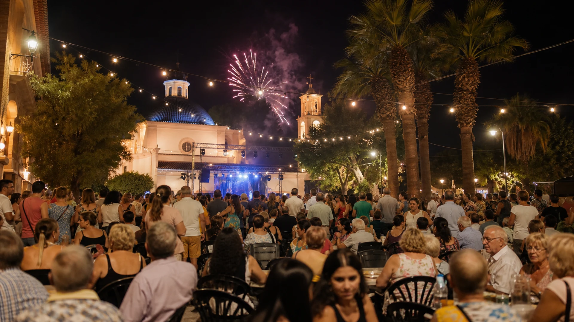 Vecinos reunidos en una plaza española durante una noche de fiestas patronales de final de verano