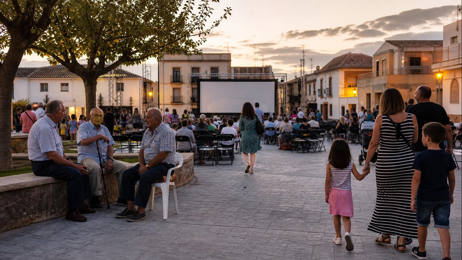 Vecinos de distintas edades en una plaza murciana antes de una actividad cultural al aire libre