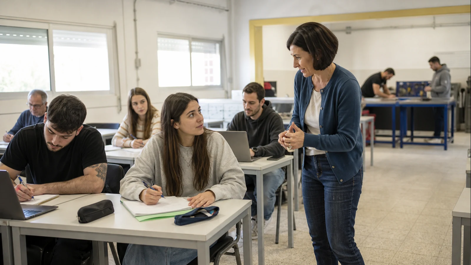 Alumnos adultos en un aula de formación profesional durante una clase