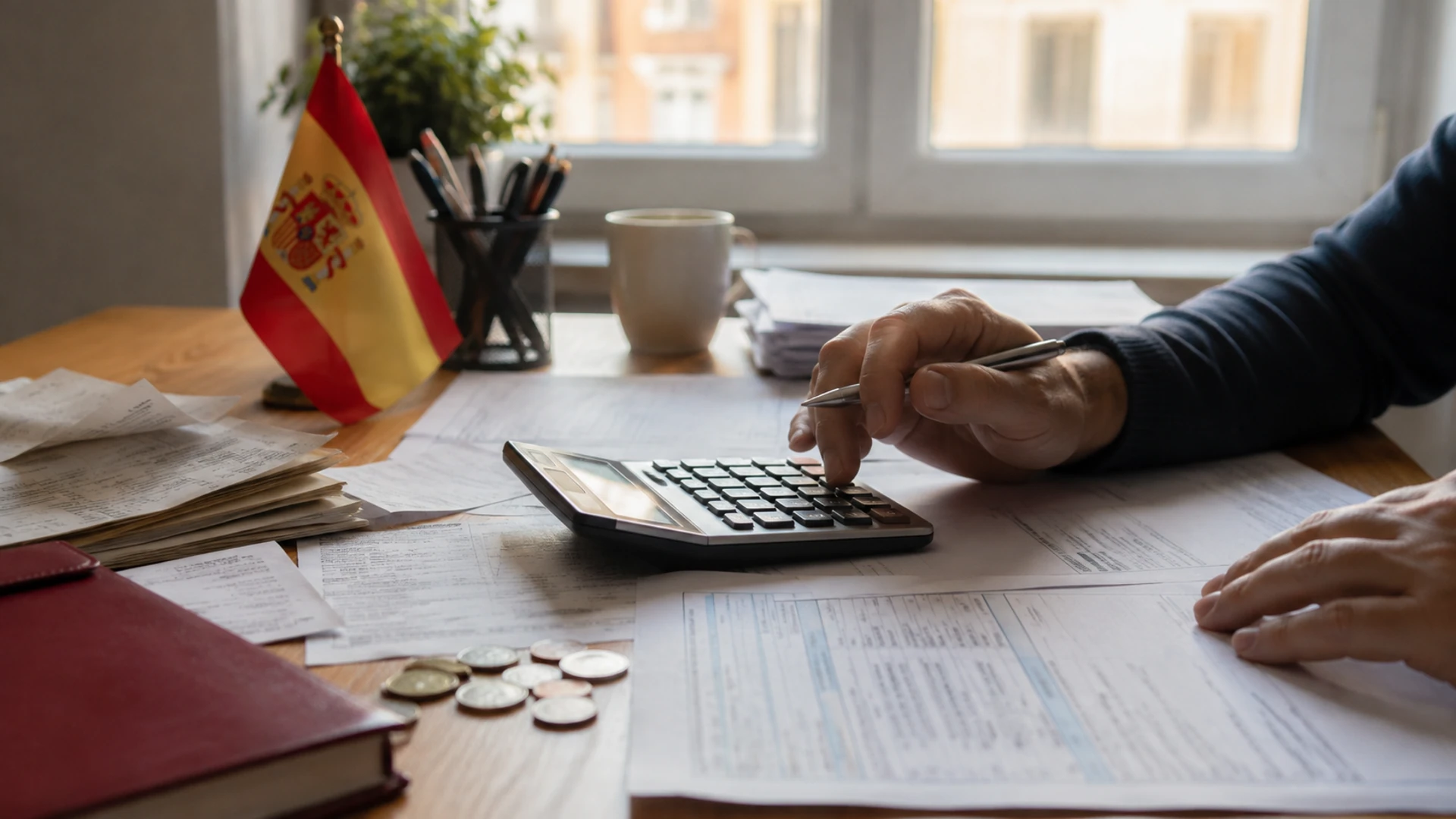 Documentos fiscales, calendario y calculadora como imagen editorial sobre el esfuerzo tributario en España