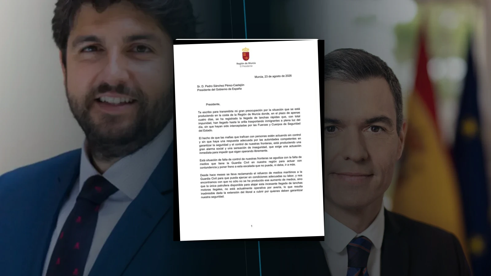 Fernando López Miras y Pedro Sánchez junto a la carta enviada sobre la vigilancia de la costa de la Región de Murcia