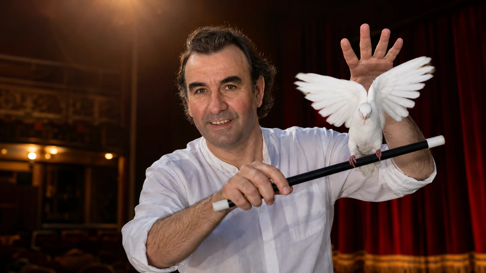 Domingo Artés representado con una paloma en un escenario de magia