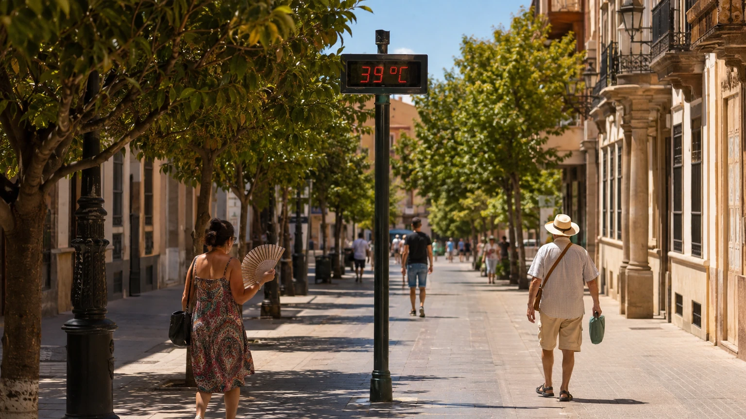 Calle soleada en la Vega del Segura con un termómetro marcando 39 grados.
