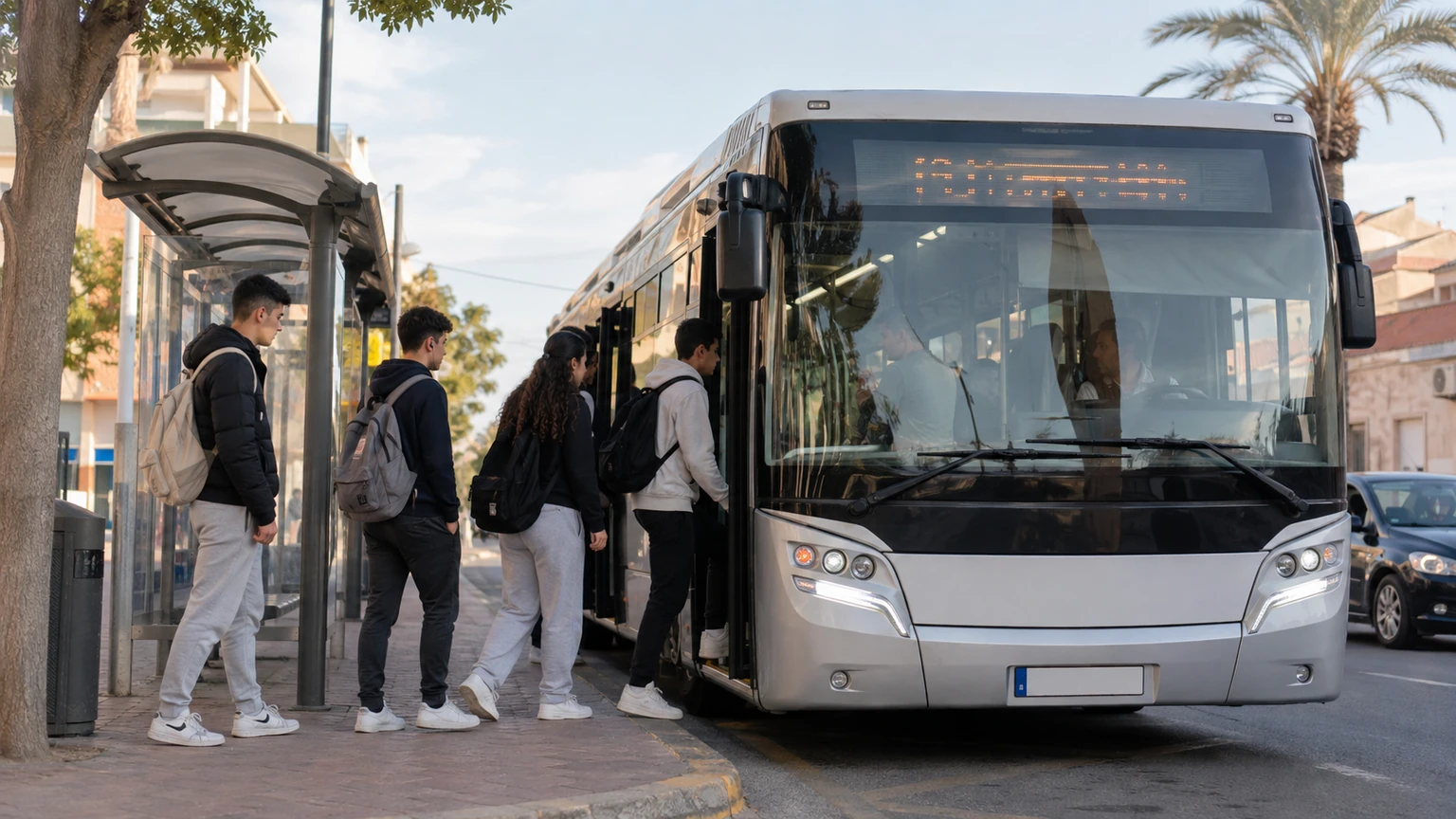 Estudiantes suben a un autobús interurbano en una parada de Las Torres de Cotillas.