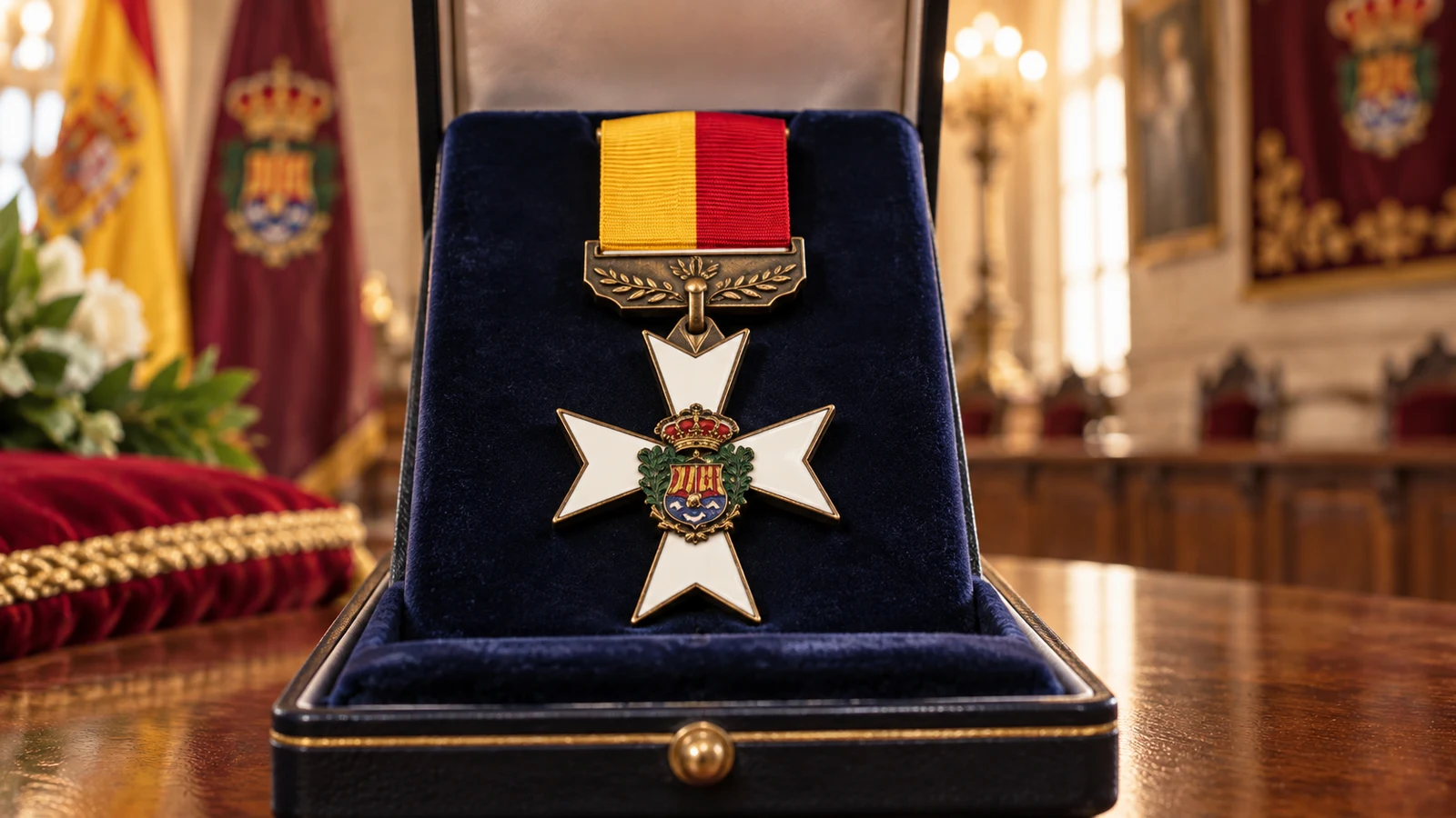 Cruz de Malta con cinta roja y amarilla en un estuche ceremonial, imagen institucional para la distinción de Archena