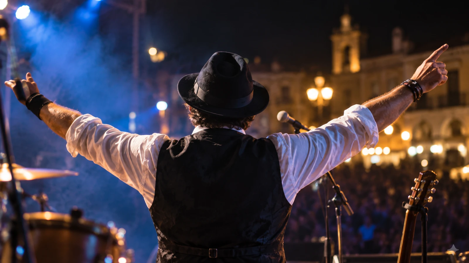 Cantante de banda tributo visto de espaldas con sombrero y brazos abiertos sobre un escenario nocturno