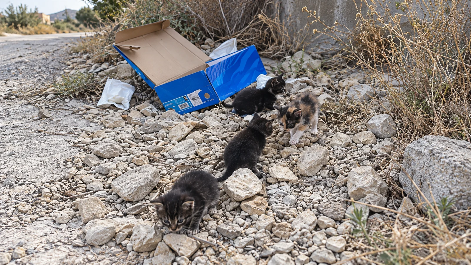 Gatitos junto a una caja en una zona pedregosa, imagen de apoyo basada en la denuncia de Animales del Valle en Archena