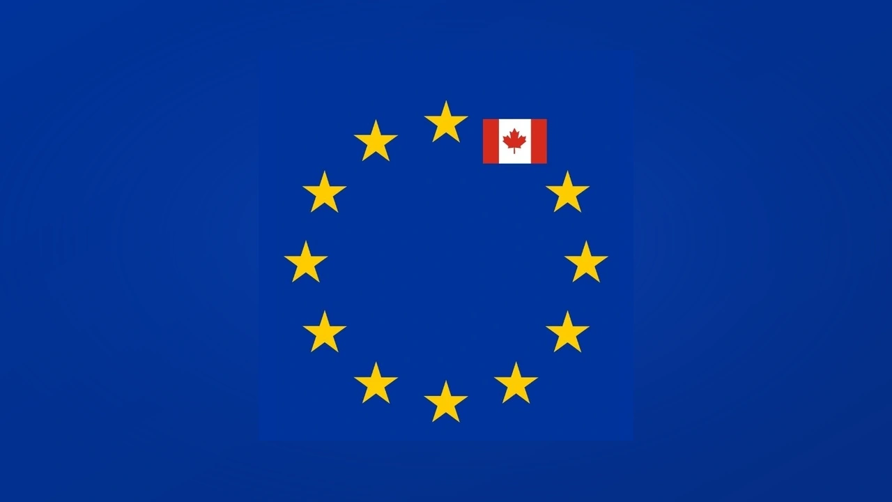 Bandera de Canadá integrada entre estrellas de la Unión Europea