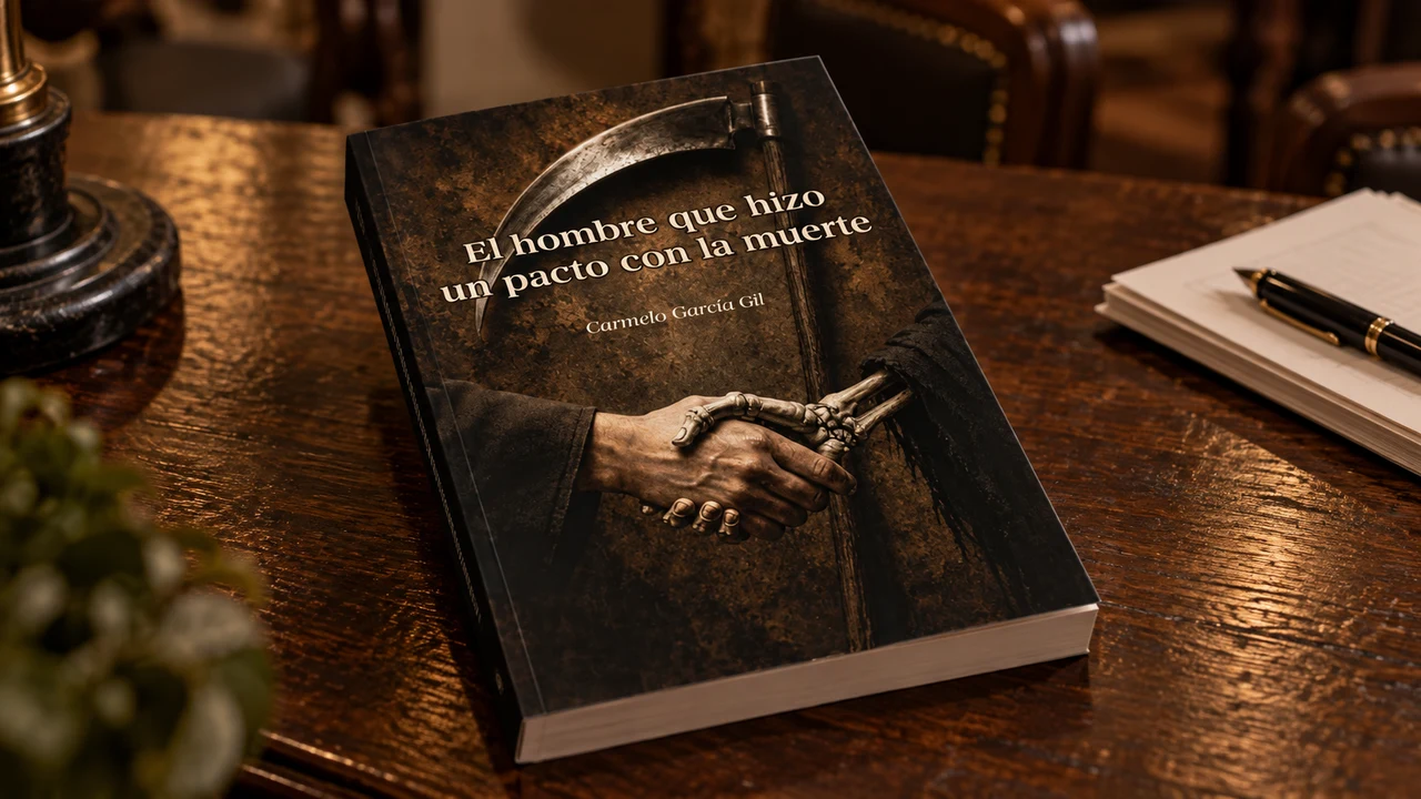 Mockup editorial del libro El hombre que hizo un pacto con la muerte sobre una mesa