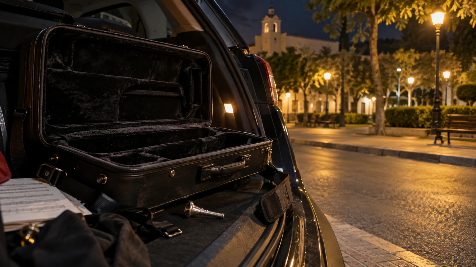 Estuche vacío de instrumento musical en el maletero de un coche de noche en Archena