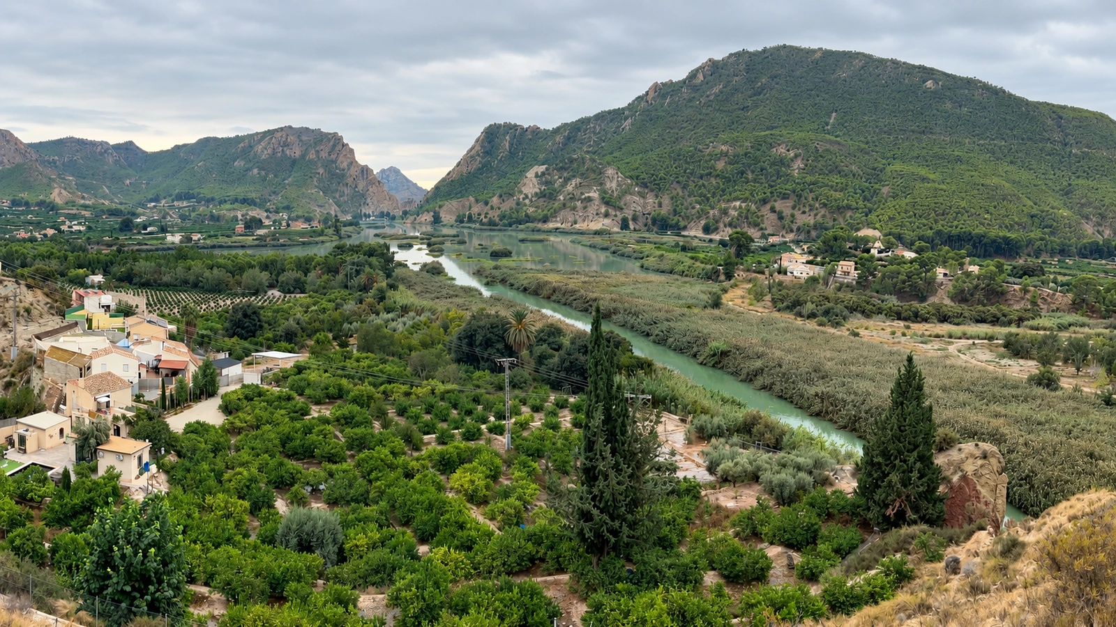 Río Segura entre huertas, viviendas y montañas del Valle de Ricote