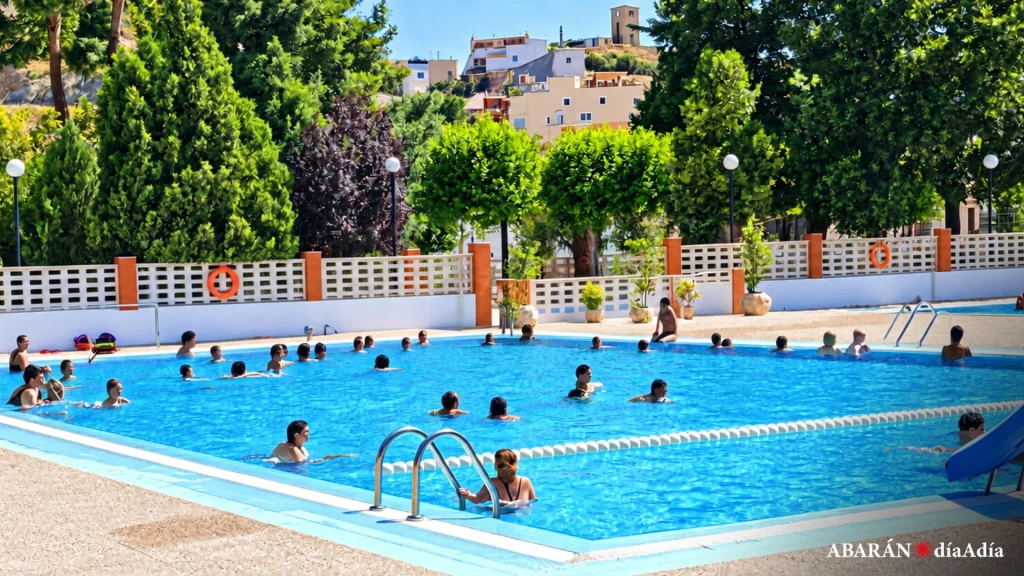 Vista general de una piscina municipal al aire libre durante una jornada de verano en Abar