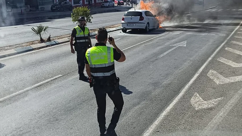 Agentes de la Policía Local de Molina de Segura junto al coche incendiado en la N-301